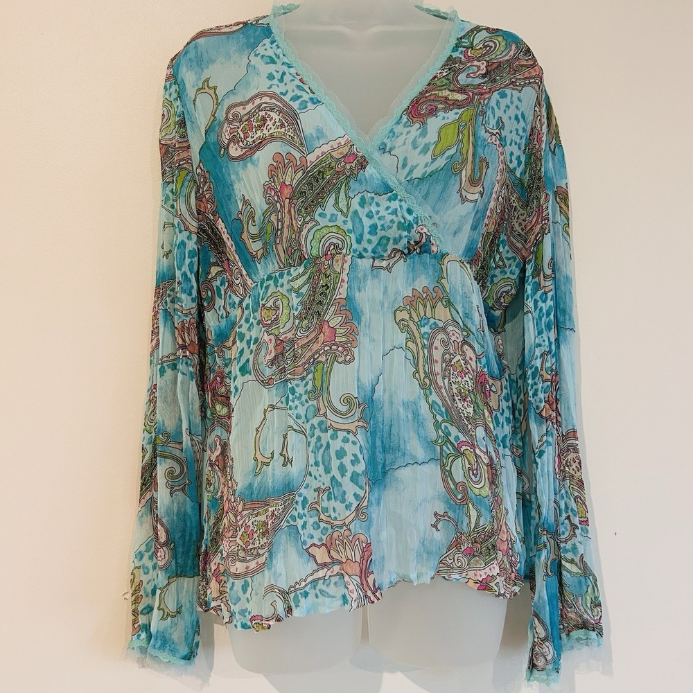 Y2K Babydoll Fairy Blouse Sz L Lace Trim Floral Paisley Crinkle Sheer Lightweigh